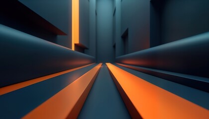 Leinwandbilder - Abstract 3D business interior with dark navy, orange lines. Geometric shapes create futuristic tech design. Dynamic perspective of modern architectural space. Strong colors, shapes emphasize