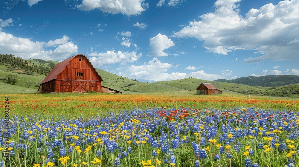 Vibrant wildflowers bloom in a field with two rustic red barns and ...
