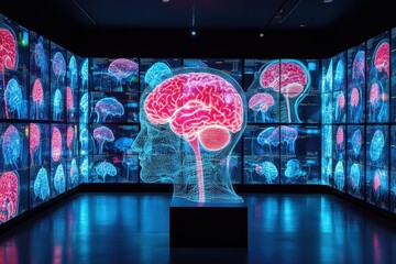 Wall Mural - futuristic digital brain display in high-tech museum with interactive screens and neural network vis