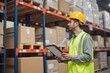 © tatchaihot - Warehouse Employee Conducts Inventory Check with Clipboard in Stockroom Surrounded by Shelves Full of Cardboard Boxes