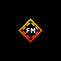 FM initials dynamic geometric logo design features a bold lettering sign in an orange and black color scheme, displayed against a dark background