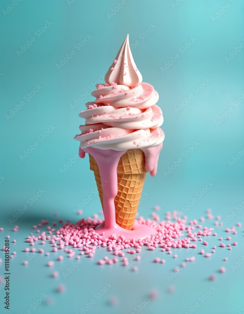 Pastel pink ice cream cone melts on light blue background with pink ...