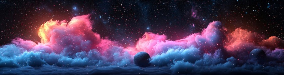 Wall Mural - A blue cosmic background with a radiant galaxy nebula, soaring rocks, and planets under a dark, starry sky. In the universe, an alien world explodes, leading to the birth of new stars. An
