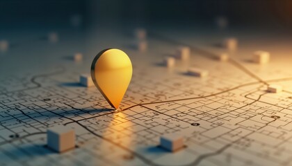 Aufkleber - Golden marker pinpoints location on detailed city map. Navigation tech concept. Illustration shows urban area with route. Modern design. Map shows intricate road network. Realistic style. Helpful for