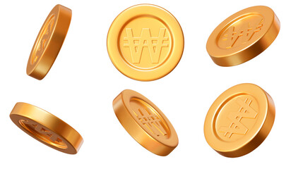 Wall Mural - 3d set golden korean won coins with different angles. stock vector illustration on isolated backgrou