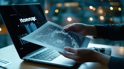 Close-up of hands exchanging a document labeled 'Impact Report' with a background of laptops and charts