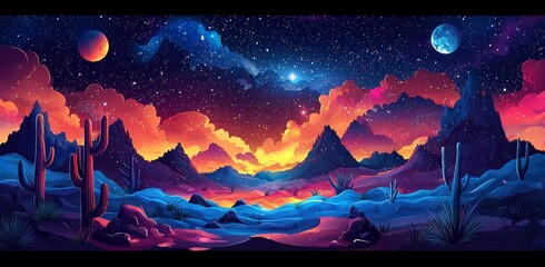 Wall Mural - A cartoon illustration of a galaxy, cosmos, and universe, featuring astronomical satellites, meteors, asteroids, and nebula in a dark starry sky for a computer game background.