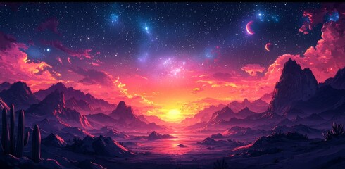 Wall Mural - A computer game background with a dark starry sky, showcasing astronomical satellites, meteors, asteroids, and nebula, depicted as a cartoon illustration of a galaxy, cosmos, and universe.