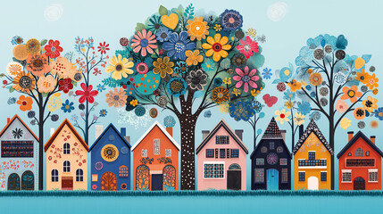 floral village: a whimsical illustration of colorful houses lined up, a vibrant flowering tree as th