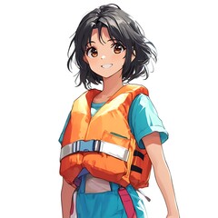 Wall Mural - Anime person in a life vest on a white background