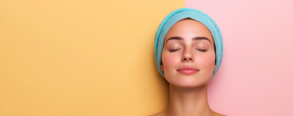 Skincare routine with woman relaxing, wearing wel on her head