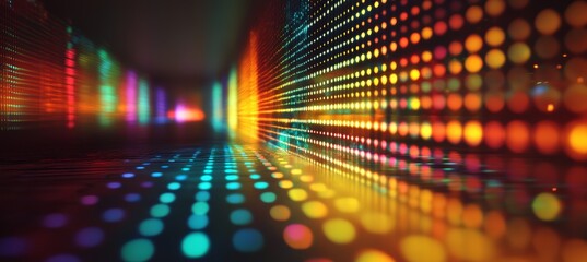 Poster - Glowing disco light. Cyberspace dimension room technology background. Digital data wireless transfer. Generative AI technology.	
