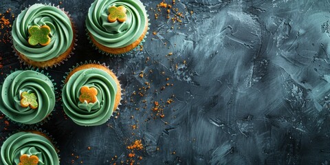 Wall Mural - St. Patrick's Day vanilla cupcakes with green frosting and clover decorations on gray stone background. Irish holiday dessert concept, top view, copy space