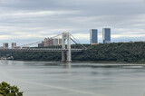 view of george washington bridge (gwb) cloudy day with hudson river and fort lee new jersey towers in background (palisades york manhattan city) fort tryon park scenic overlook travel tourism public