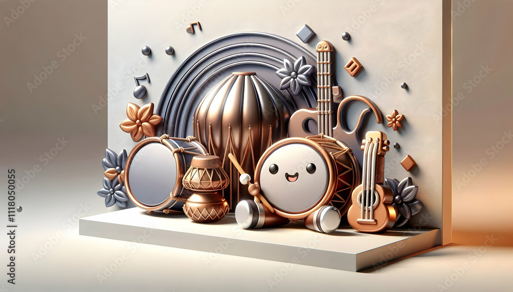 3D Glossy background with traditional musical instruments and copy ...