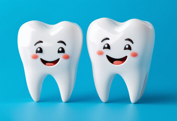 two cartoonish teeth with smiling faces on a solid blue background