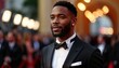 © miss irine - Elegant black man walks red carpet. Handsome man in sleek black tuxedo exudes sophistication. Fashion choices pay homage to powerful black stars. Event atmosphere glamorous. Experiencing moment of