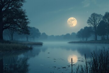 Wall Mural - full moon shining over misty lake at night