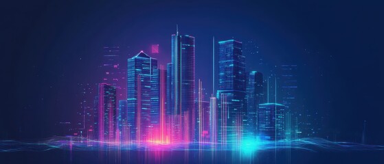 Canvas Print - A futuristic city skyline illuminated with vibrant lights and digital elements against a dark background.