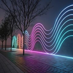 A nighttime scene featuring a futuristic sidewalk lined with glowing neon wave patterns, trees silhouetted in the foreground, and a dark, moody sky.

