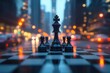 © Tee - A stylish chess set on a city street, illuminated by evening lights.