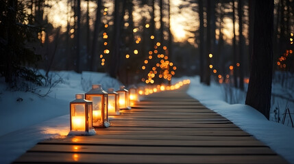 Wall Mural - A serene winter scene captures a wooden pathway lined with glowing lanterns leading through a snowy forest, with illuminated trees in the background at dusk.