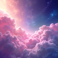 Poster - Pink, purple fluffy clouds fill sky. Stars glimmer through clouds. Soft light shines through clouds. Dreamy, magical celestial scene. Ideal background for presentations, websites, magazines. Perfect