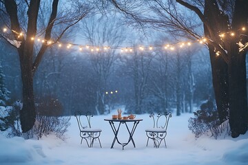 Romantic winter evening with a cup of tea in a snow-covered garden