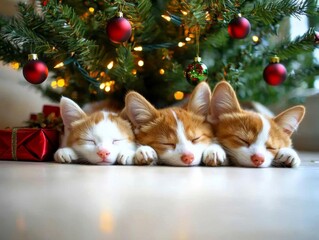 hyper realistic photo of  Cat and dog sleeping under christmas tree , isolated on white background,  , copy space, copy space for text,