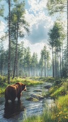 Wall Mural - Bear by the stream in a tranquil forest landscape