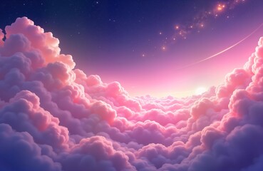 Poster - Fluffy pink, purple clouds fill sky. Soft light from sunrise sunset streams through clouds. Stars twinkle in dark sky above. Dreamy image evokes sense of wonder, peace. Illustration shows pastel