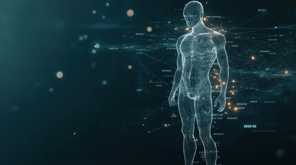 Futuristic tech illustration shows data flow processing. Hologram of human body with network connections. Binary code, glowing particles create virtual reality background. Abstract 3D art AI