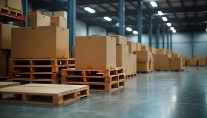Poster - Indoor warehouse scene shows many cardboard boxes stacked on wooden pallets. Plenty of storage space available. Boxes, pallets cover much of floor. Empty space for inventory visible. Modern