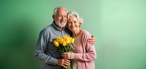 happy grandparents pose together holding yellow tulips. loving couple embraces on pastel background.