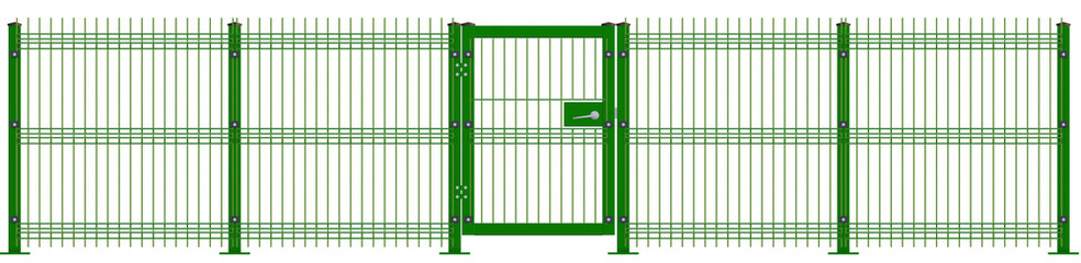 Wall Mural - Green Metal V Mesh Fence with door. Weld Mesh Panel Fence Systems - Fencing Backyard Metal Bar Fence - Png Transparent 3D Image	
