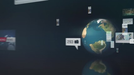 Wall Mural - various windows with digital social media content fly out of animated globe, concept of global netwo