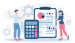 © Aleksey - Financial audit concept. Man and woman near calculator and clipboard with statistics. Financial literacy, accounting and budgeting. Investment and trading. Flat vector illustration