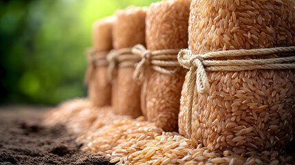 Harvesting Rice Festival Close up concept as Close up of harvested rice bundles tied with traditional ropes symbolizing the harvest and prosperity of Pongal captured in a realistic macro environment w