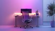 © Intach - Minimalist office design with a slim desk, ergonomic mesh chair, and vibrant LED lighting framing the setup