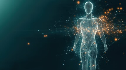 Holographic human body in cyberspace network. Futuristic data flow processing visualization. Abstract 3D digital art shows AI consciousness. Stream of information. Glowing network. Tech illustration