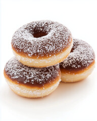 Stack of Chocolate Glazed Donuts with Powdered Sugar Dusting, Perfect for Bakery Displays, Dessert Menus, Food Blogs, Cafe Promotions, Breakfast or Snack Inspirations