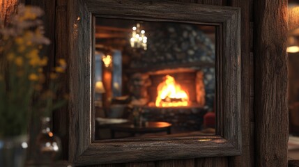 Wall Mural - A wooden framed mirror with a fireplace in the background