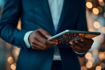 Businessperson holding tablet with glowing screen, bokeh background.  Modern technology, innovation, digital future concept.