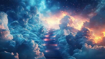 Wall Mural - mystical staircase leading through glowing clouds into the heavens, evoking wonder and spiritual tra