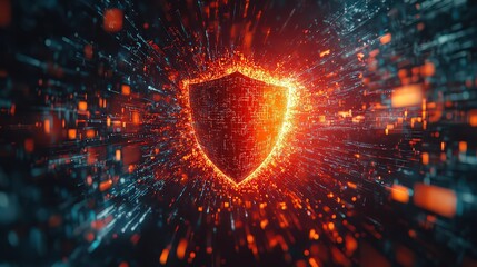 Wall Mural -  Fiery shield surrounded by glowing particles, symbolizing cybersecurity, digital defense, and technological protection in a dynamic visual.