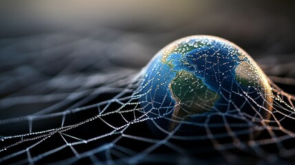 Wall Mural - Planet Earth Trapped in a Giant Spider Web, Threads Glistening Under Dim Light