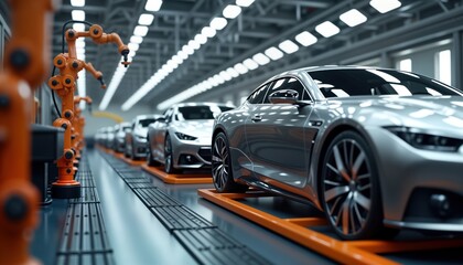 Leinwandbilder - Advanced auto manufacturing line shows luxury cars in production. Robots work on cars on conveyor belt in large factory. Modern tech, automation create efficiency in vehicle assembly. High quality