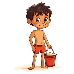 Wall Mural - Cartoon beach visitor with a sand bucket on a white background