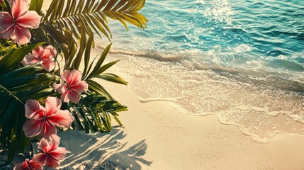 a background evocative of a tropical beach vacation, space for text, vibrant colors, summery vibe