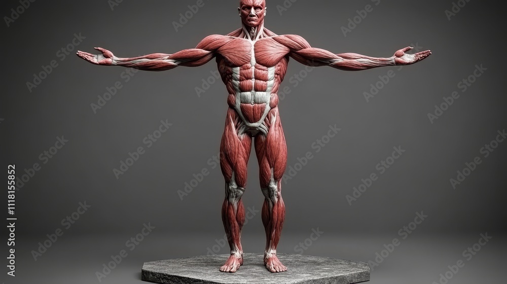 Male Anatomy, Detailed Muscular System, Male Anatomical Chart on Gray